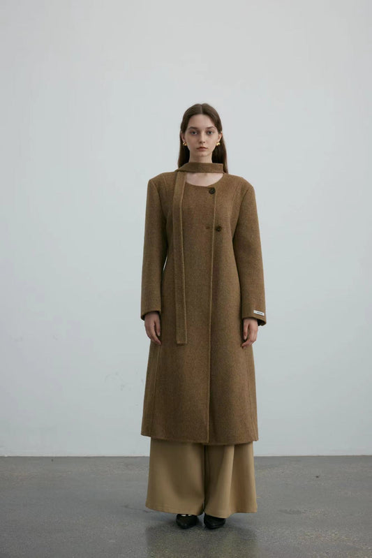 Handmade Double-faced 100% Wool Coat Collarless With Straps