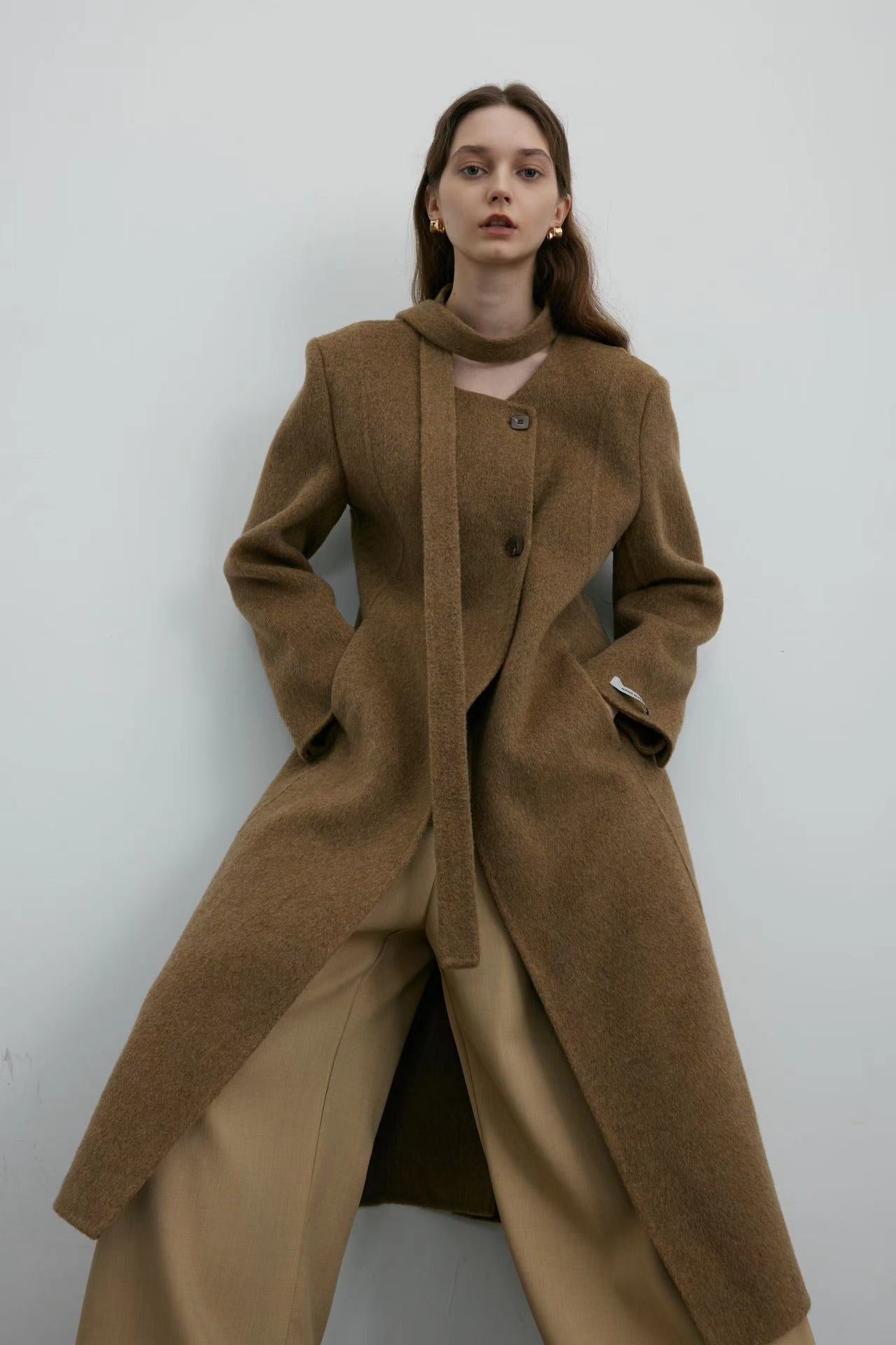 Handmade Double-faced 100% Wool Coat Collarless With Straps