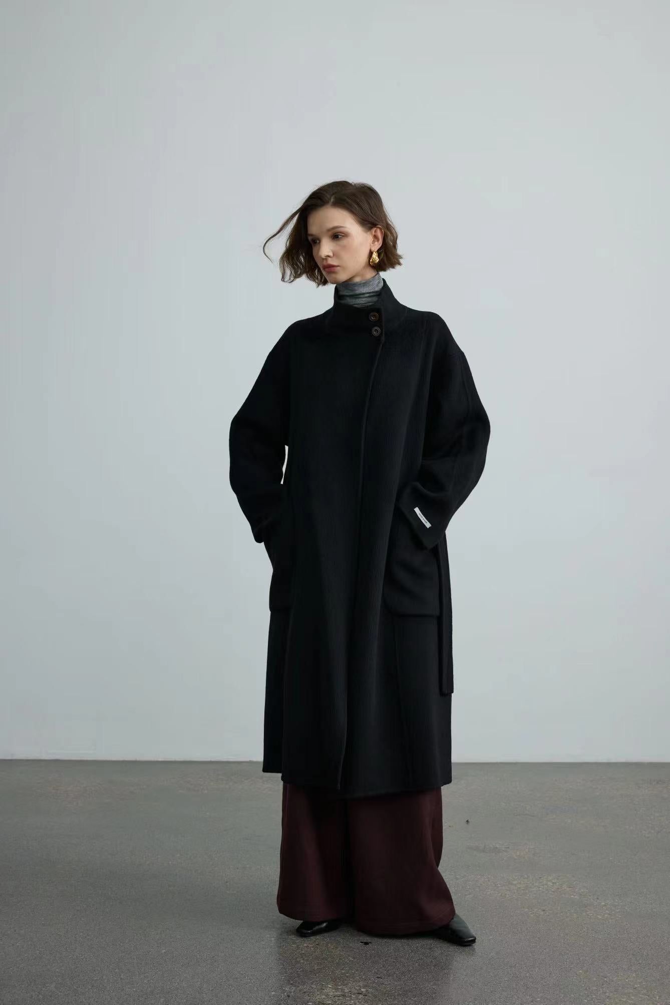 Handmade Double-face 100% Wool Coat With Small Stand-up Collar