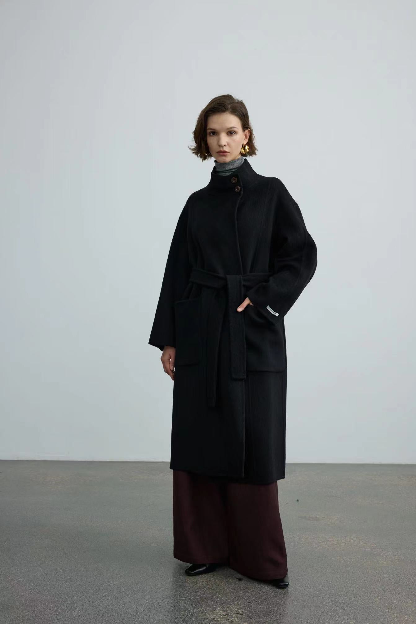 Handmade Double-face 100% Wool Coat With Small Stand-up Collar