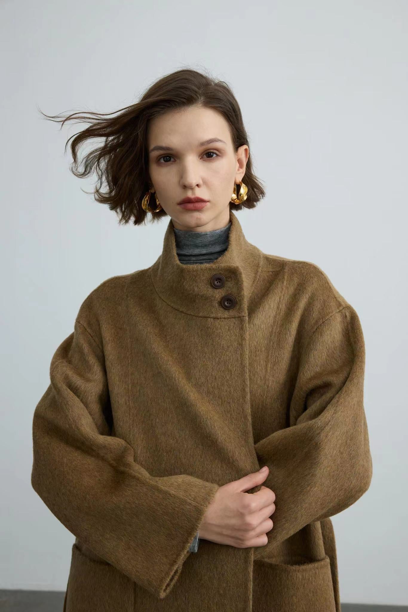 Handmade Double-face 100% Wool Coat With Small Stand-up Collar